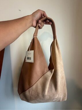 Faux Leather & Suede Two-Tone Hobo Bag - Brown